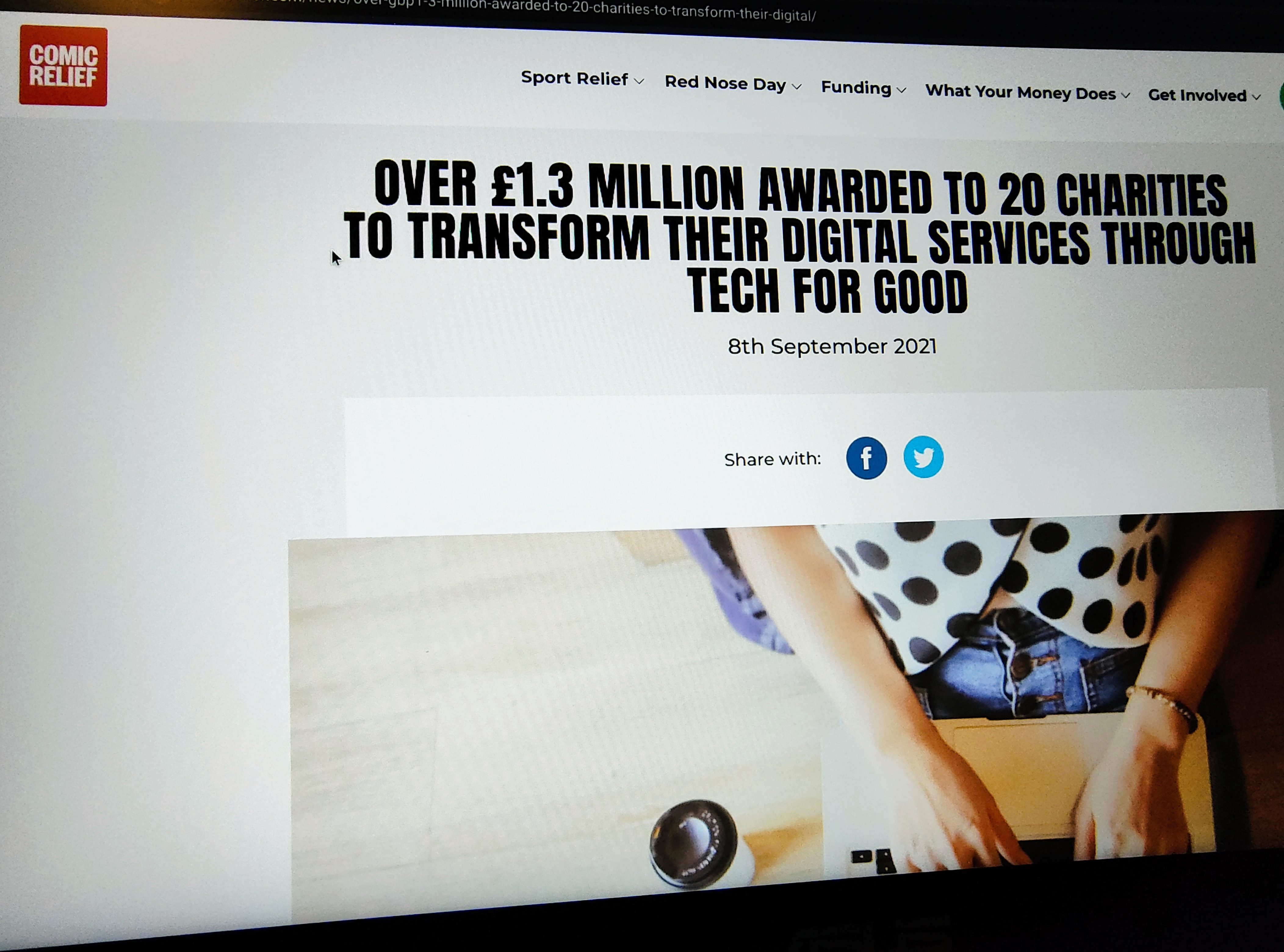 Photo of the Tech for Good programme news release on the Comic Relief website.